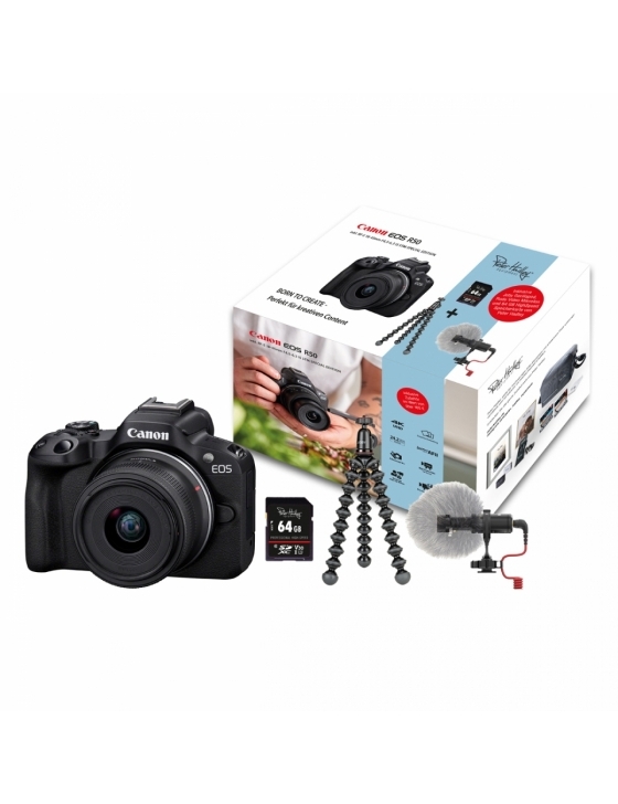 EOS R50+18-45mm IS STM sw Special Edition mit Stativ+Mikrofon+PH 64GB SD / Kundencashback 100,- bis 15.01.25